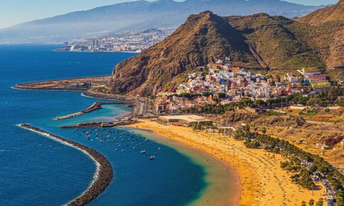 An aerial shot of the beautiful Las Teresitas beach located in San Andrés, Spain