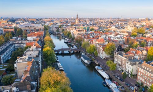 Panoramic aerial view of Amsterdam, Netherlands. View over historic part of Amsterdam/